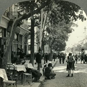Street Scene Showing Peasant Woman and Sidewalk Coffee-House, Sofia, Bulgaria, c1930s