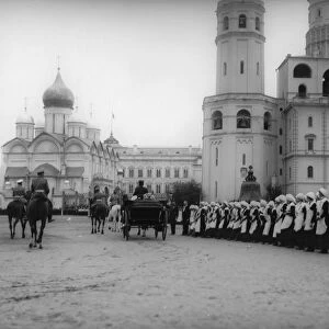 Tsar Nicholas II reviewing the parade of the pupils of Moscow in the Kremlin, Russia, 1912. Artist: K von Hahn