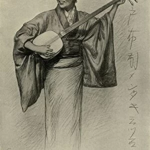 Woman playing the shamisen, Mentaki Falls, Kobe, Japan, 1898. Creator: Christian Wilhelm Allers