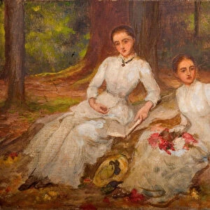Two women in white seated in wooded glade, 1900. Creator: Louisa Starr