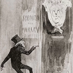 The Ghostly Knocker. "it Was Not Angry Or Ferocious, But Looked At Scrooge As Marley Used To Look: With Ghostly Spectacles Turned Up On Its Ghostly Forehead. The Eyes Were Wide Open, They Were Prefectly Motionless. That, And Its Livid Colour, Made It Horrible. "Illustration By Harry Furniss For The Novella A Christmas Carol From The Christmas Books By Charles Dickens, Published In The Testimonial Edition Of 1910