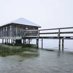 Jetty and Boathouse on Lake Kochelsee, Bad Toelz-Wolfratshausen District, Upper Bavaria, Bavaria, Germany