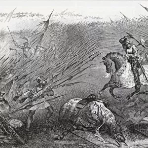 Medieval Cavalry Charging Against Infantry. From A 19Th Century Engraving