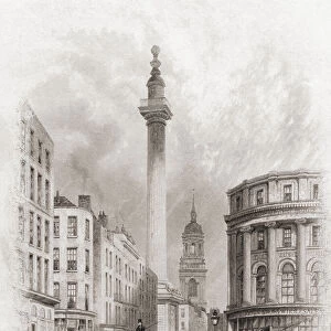 The Monument and St Magnus The Martyr Church, London, England, 19th century. From The History of London: Illustrated by Views in London and Westminster, published c. 1838