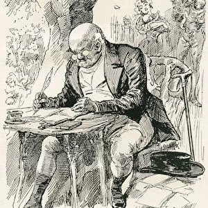 Mr. Pickwick. "employing His Leisure Hours In Arranging The Memoranda Which He Afterwards Presented To The Secretary Of The Once Famous Club. "Illustration By Harry Furniss For The Charles Dickens Novel The Pickwick Papers, From The Testimonial Edition, Published 1910