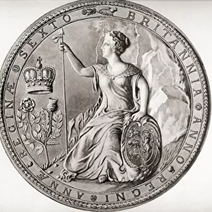 Second Great Seal of Queen Anne, 1707, commemorating the union with Scotland. Anne, Queen of Great Britain, 1665 - 1714. Queen of England, Scotland and Ireland. From a contemporary print, c. 1935