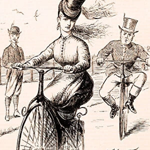Woman riding a bicycle. Punch illustration 1869