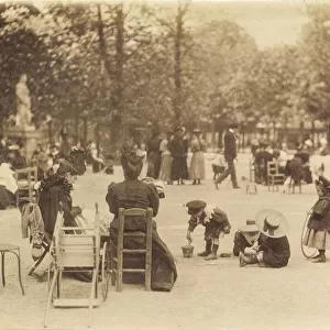 Women and children in the Luxembourg Gardens, Paris, France circa 1898 by Eugene Atget. Eugene Atget, full name Jean-Eugene-Auguste Atget, 1857 - 1927. French photographer, famed for his decades long work to document the architecture and aura of Paris before all was lost to modernisation