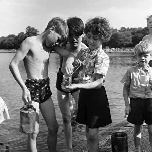 Boys and girls compare their catches after fishing for minnows in Kensington Gardens