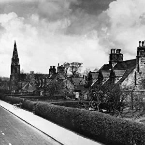 Cottages on Church Road, Knowsley Village, with church in background, 24th March 1950