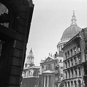 The dome of St Pauls Cathedral looms over the devastated remains of Cannon Street