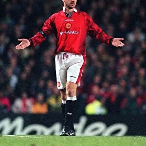Eric Cantona Manchester United player gestures during the Champions League game at Old