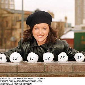 Karen Greenshields TV weather girl with Snoball Lottery black beret leather jacket
