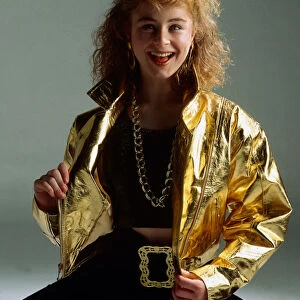 Michelle Watt modelling gold jacket November 1989