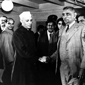 Pandit Jawaharlal Nehru Prime Minister of India greets the Prime Minister of Ceylon