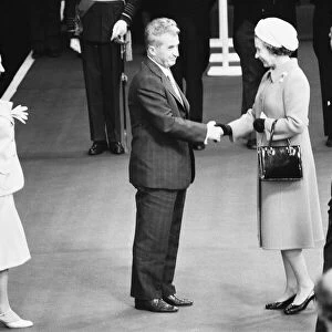 President Nicolae Ceausescu of Romania accompanied by Madame Elena Ceausescu is welcomed