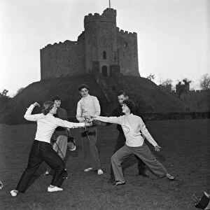 Professor Glynne Reynolds gives fencing lessons to students of the Cardiff College of