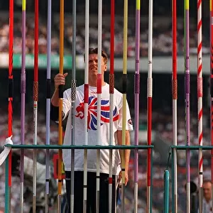 Steve Backley javelin thrower of Great Britain choosing his javelin before winning