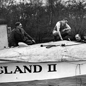 Trials of Miss England II. Kaye Don in the motor-boat Miss England II, with Mr R E Garner