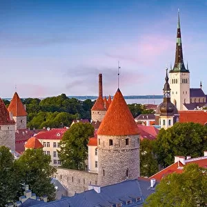 Tallinn, Estonia historic skyline at dusk