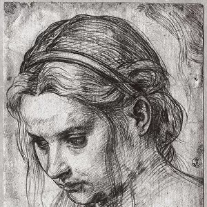 Face of a woman with ruffled hair, looking down; by Andrea del Sarto, in the Gabinetto dei Disegni e delle Stampe, Uffizi Gallery
