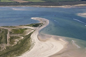 Aerial view of coastal sandbank and spit, Blakeney Point, Blakeney National Nature Reserve, Norfolk, England, August