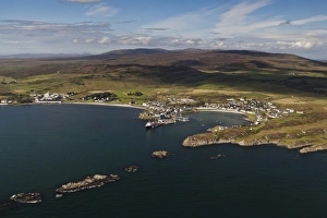 Aerial view of coastline and village, Port Ellen Bay, Isle of Islay, Inner Hebrides, Scotland