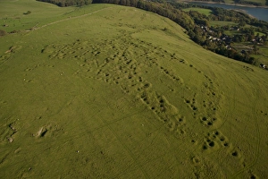 Landscape Prints: Aerial view of lead rakes, spoil heaps from ancient mines
