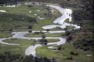 Aerial view of wetland habitat with channel, Kwando, Linyanti, Botswana - note the two elephants