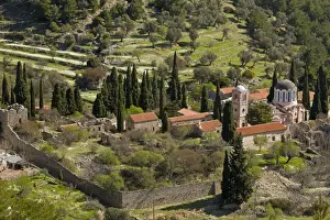 Religions Prints: Ancient 11th century Byzantine monastery in mountains, Nea Moni, Chios, Greece, April