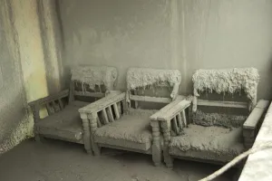Javan Prints: Ash covered chairs in house damaged from recent volcanic eruption