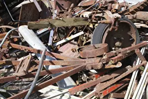 Heaps Prints: Assorted scrap metal on farm, awaiting collection for recycling, Powys, Wales, july