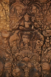 Carving Prints: Bas-relief of deity in Khmer Hindu temple, Banteay Srei, Angkor, Siem Riep, Cambodia