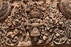 Carving Prints: Bas-relief in Khmer Hindu temple depicting Vishnu ripping chest of King Hiranyakasipu