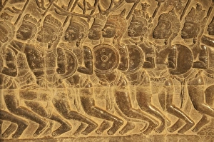 Carving Prints: Bas-relief of soldiers at war, in Khmer temple, Angkor Wat, Siem Riep, Cambodia