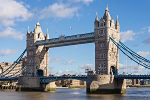 Bascule bridge on river in city, Tower Bridge, River Thames, London, England, January