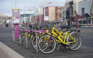 Cycling Prints: Bicycles for hire in seaside resort town, Blackpool, Lancashire, England, january