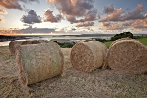 Sun Set Prints: Big round hay bales in coastal meadow at sunset
