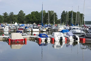 Moored Prints: Boats in city harbour, Strangnas, Sodermanland, Sweden, august