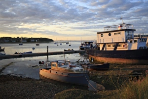 Boats in harbour at sunset, Bembridge Harbour, Bembridge, Isle of Wight, England, june