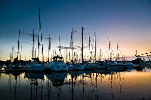 Boats moored in marina at sunset, Chichester Marina, Chichester, West Sussex, England, july