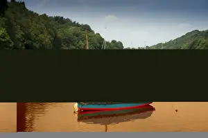 Boats moored on reservoir, created in 1797-1798 to supply water for West Midlands canal system, Rudyard Lake, Rudyard