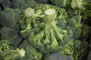 Sells Prints: Broccoli (Brassica oleracea) cut flowerheads in farm shop, Cheshire, England, February