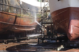 Transports Prints: Cargo ships being washed and repainted in dry dock, Cape Town, Western Cape, South Africa
