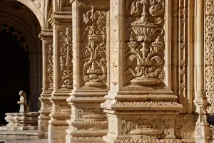 Monasteries Prints: Carved stonework cloisters and fountain in late-Gothic Monastery