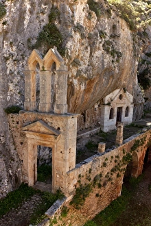 Religions Prints: Catholic monastery and St. Johns Cliff, Akrotiri Peninsula, North Crete, Greece, April