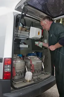 Vehicle Prints: Cattle farming, artificial insemination technician preparing semen for cow in back of van