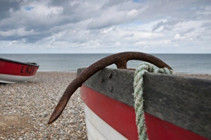 Shingle Prints: Close-up of anchor in fishing boat on shingle beach, Cley, Norfolk, England, september