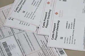 Mart Prints: Close-up of bilingual cattle passports at livestock market