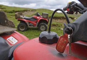 Quads Prints: Close-up of keys in Honda quadbike on farm, Chipping, Lancashire, England, August